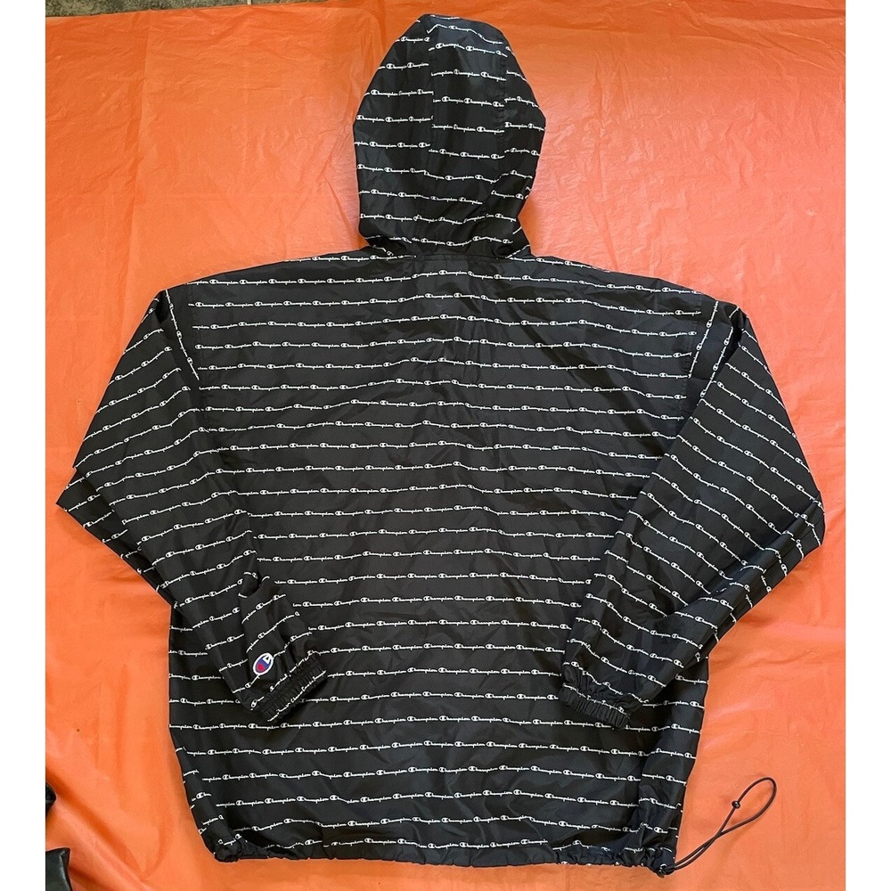 CHAMPION Windbreaker‎ Sz XL Black With All Over Print Packable Hooded Zip Pocket - Picture 6 of 7